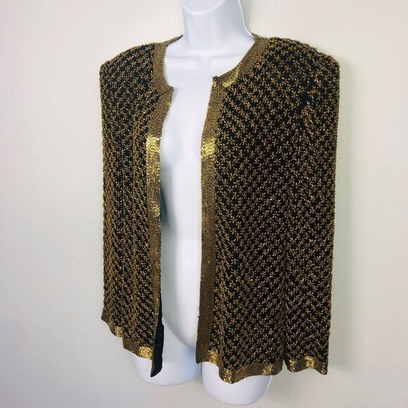Vintage 90s Womens S Jacket Black Gold Open Front Beaded Silk Heavy - Picture 4 of 9